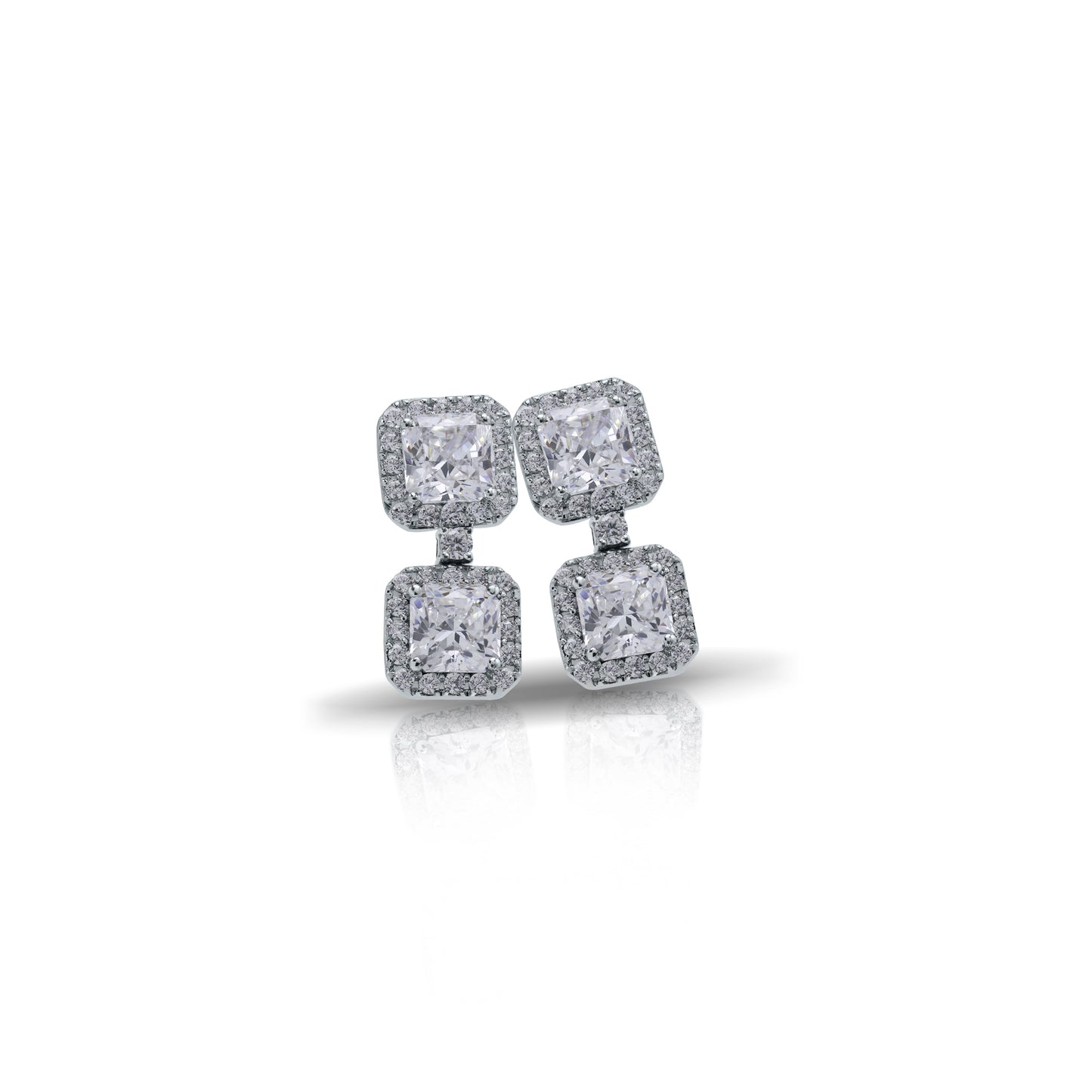 Double Cushion Halo Drop Earrings with Flanders Cut Diamonds in 18K White Gold
