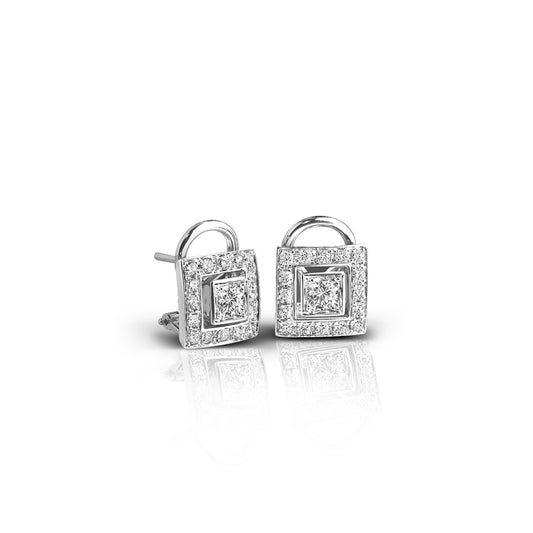 Square Halo Stud Earrings with Flanders Cut Diamonds in 18K White Gold