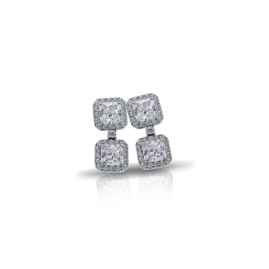 Double Cushion Halo Drop Earrings with Flanders Cut Diamonds in 18K White Gold