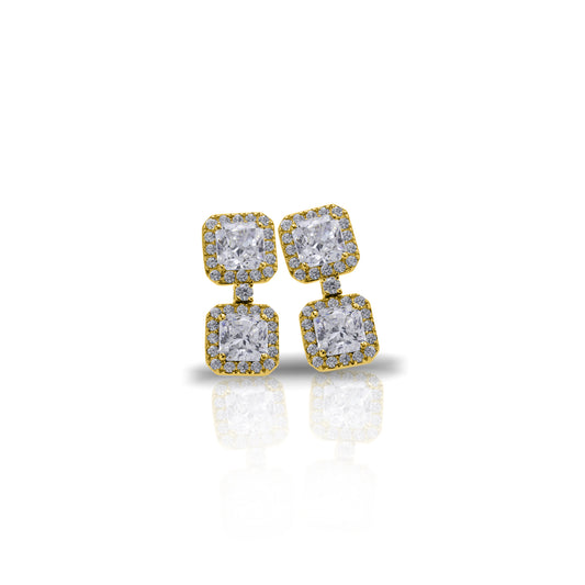 Double Cushion Halo Drop Earrings with Flanders Cut Diamonds in 18K Yellow Gold