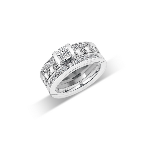 Floating Flanders Cut in Double Band in 18K Diamonds Bar Ring